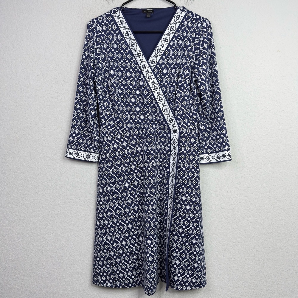 Talbots Dress Women S Blue White Long Sleeve Geometric Abstract Wrap Boho Modest